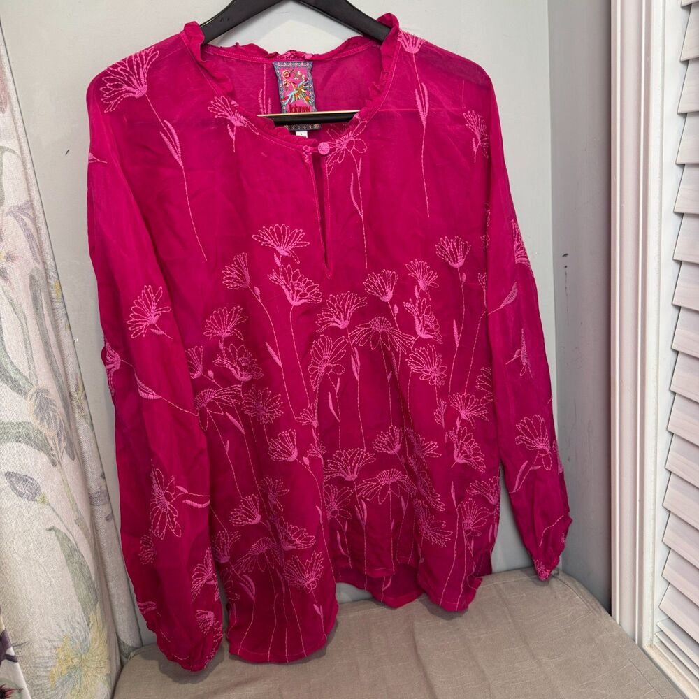 Johnny Was Womens L Daisy Arianda Hot Pink Rayon Embroidered Boho Blouse